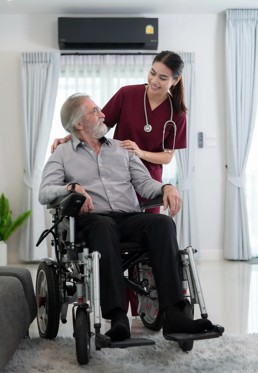 24 Hour Home Care Plano TX caretaker helps disabled elderly man in wheelchair