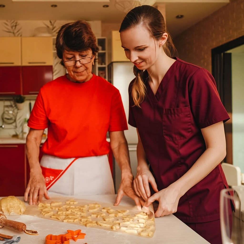 24 Hour Home Care Plano TX caretaker baking cookies with senior woman