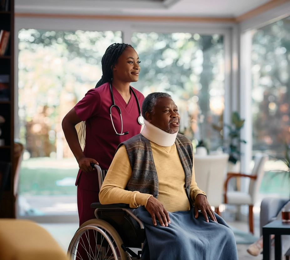 After care Services Plano TX African American caretaker helps elderly man with neck brace