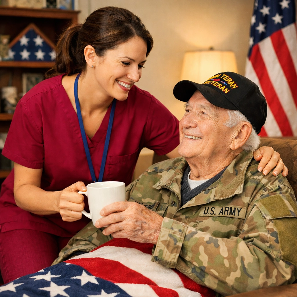 After Care Services Plano, TX caregiver gives veteran some coffee