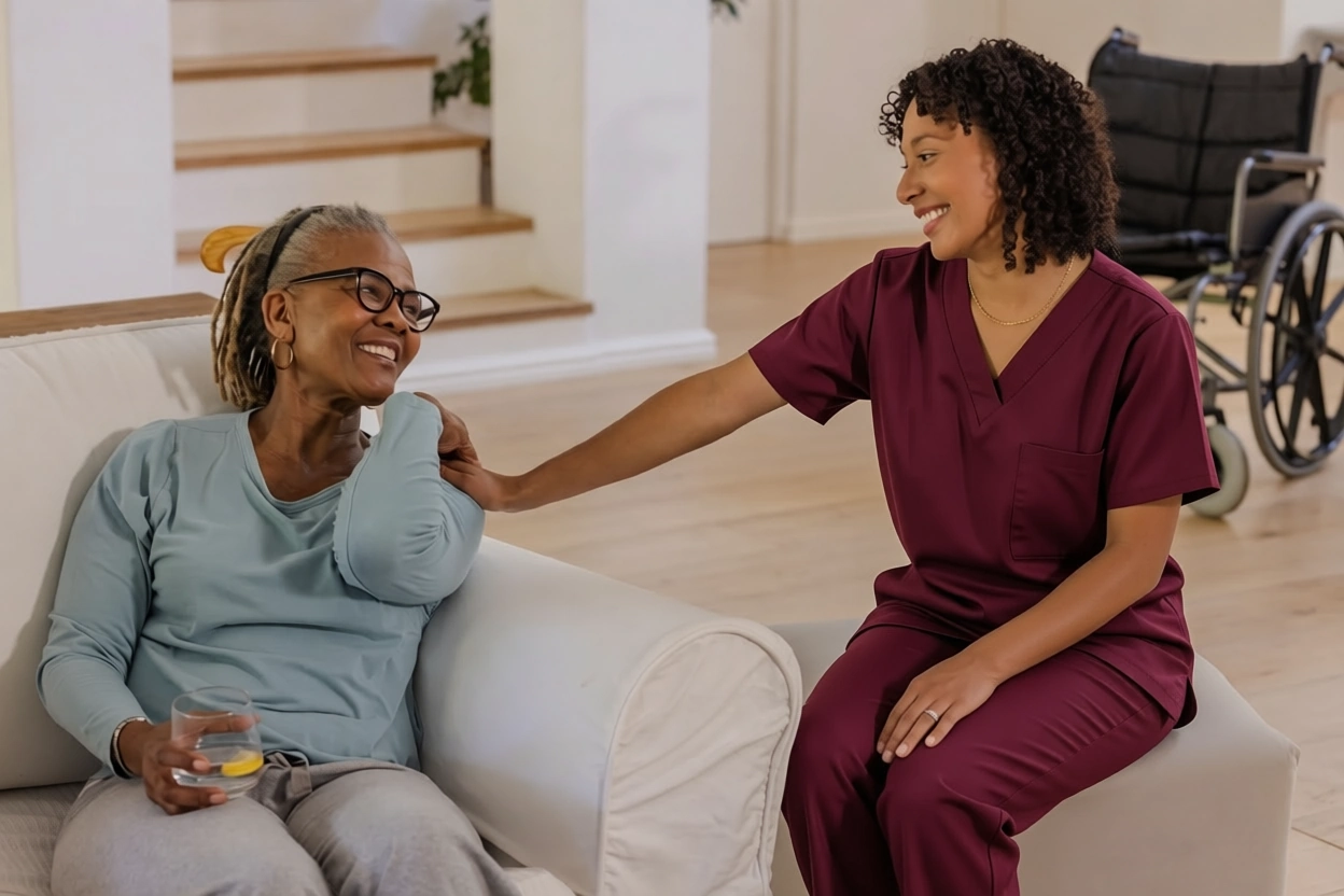 Care Management Plano TX hispanic caretaker places hand on african american elderly woman's shoulder