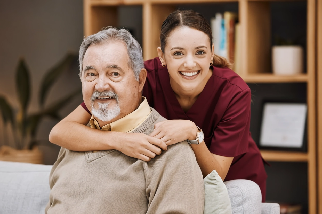 Companion Care Plano TX caregiver hugs male elderly client 