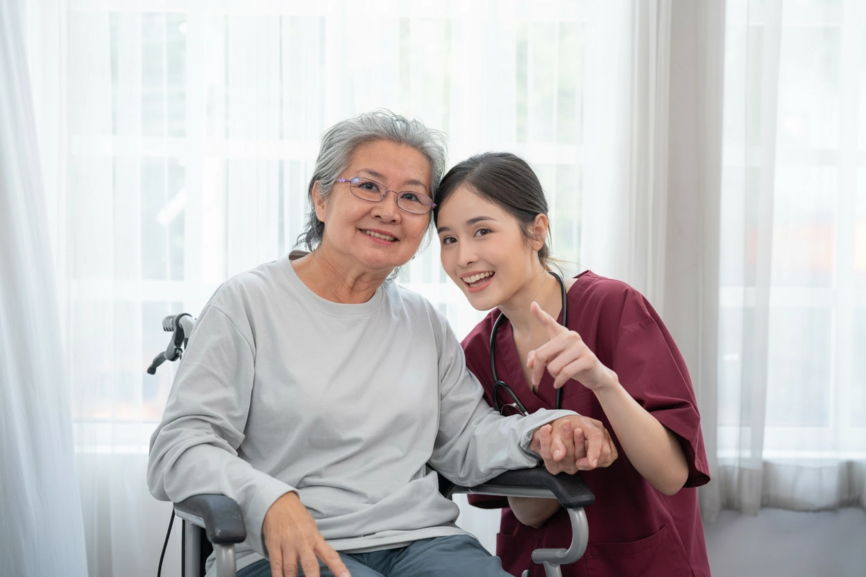 Elder Home Care Plano, TX Asian caretaker and elderly asian woman smiling for picture