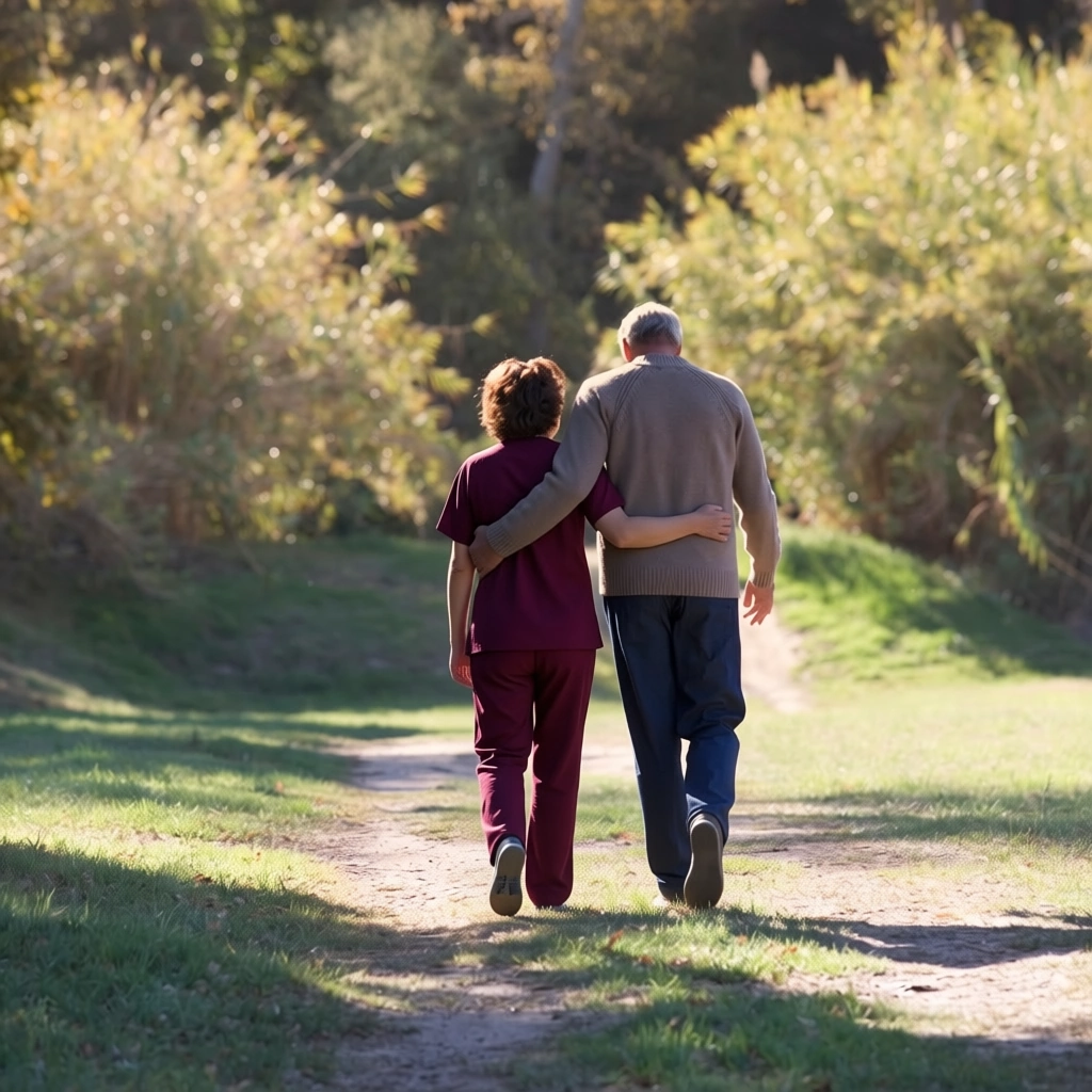 Elder Home Care Plano, TX Elderly couple walking down a grassy path