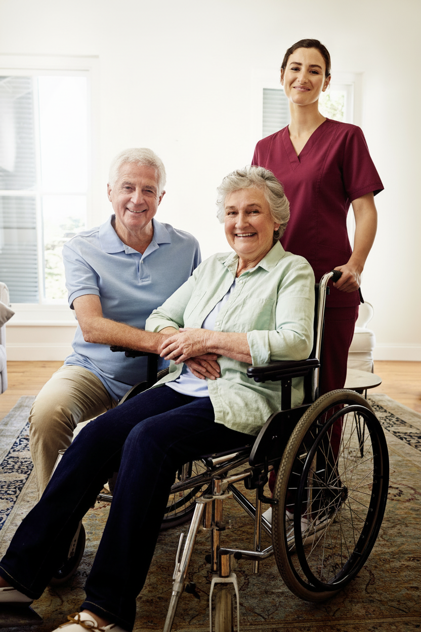 Home Care Services Plano TX happy elderly couple pose for photo with caretaker