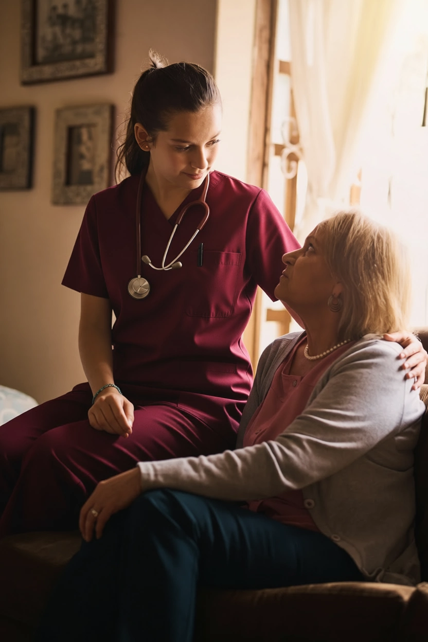 aged care home care Plano TX compassionate caretaker consoles elderly Hispanic woman
