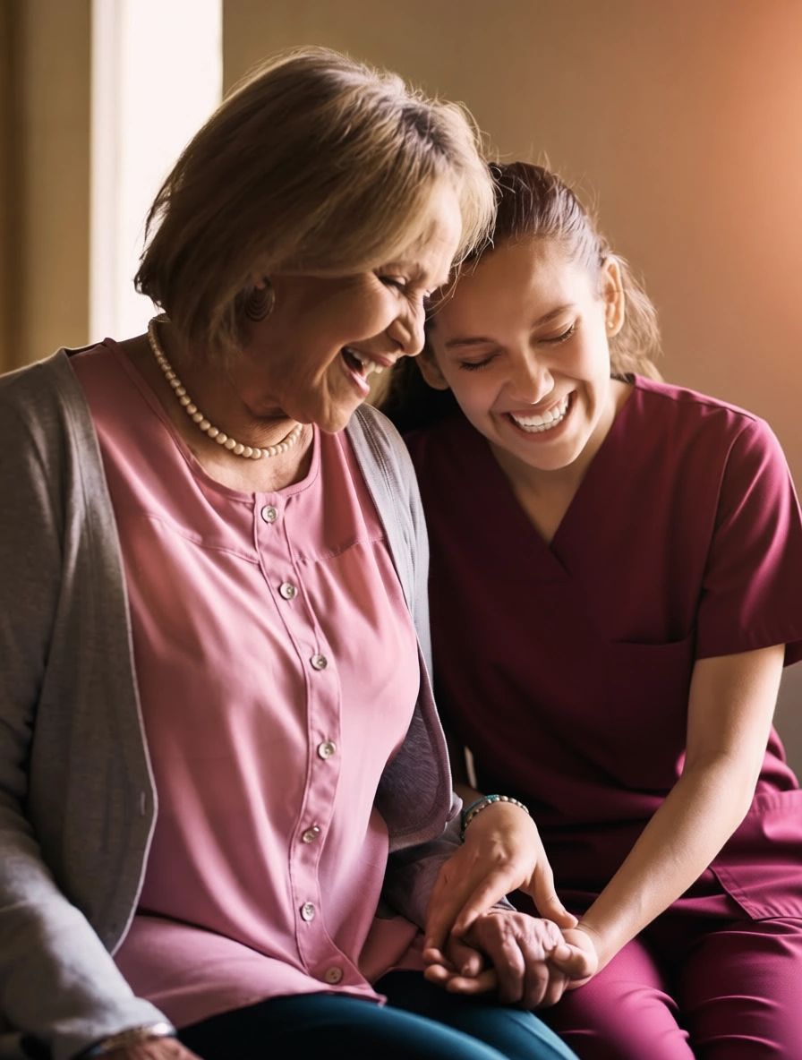caretaker laughing with elderly senior woman
