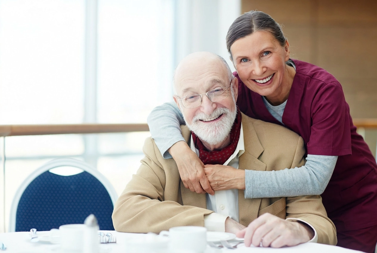Homemaker services Plano TX male elderly embraced by female caretaker