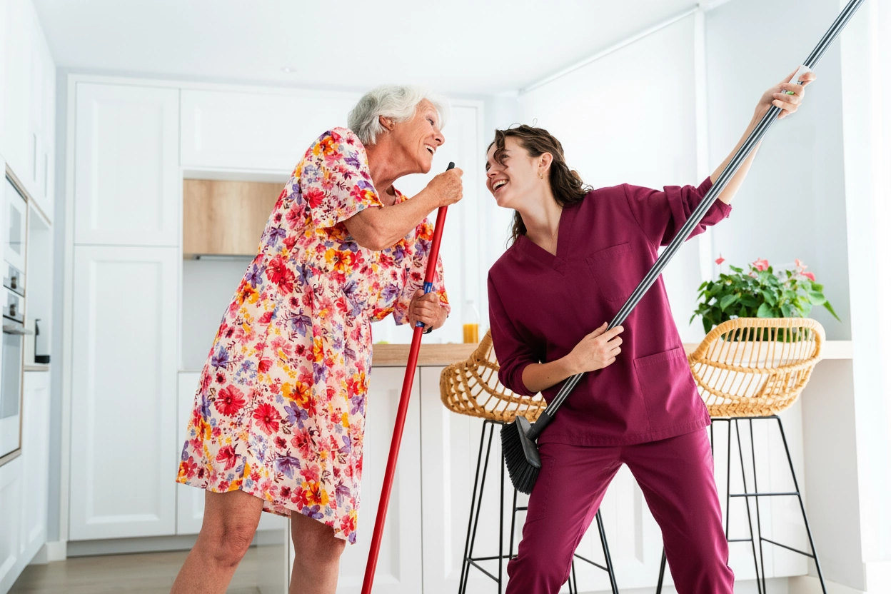 Homemaker services in Plano TX caregiver and client dancing and singing together