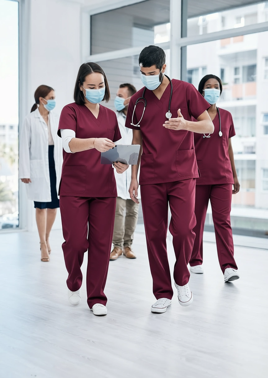 Nurse Staffing Plano TX a crew of nurses walking down medical facility hall