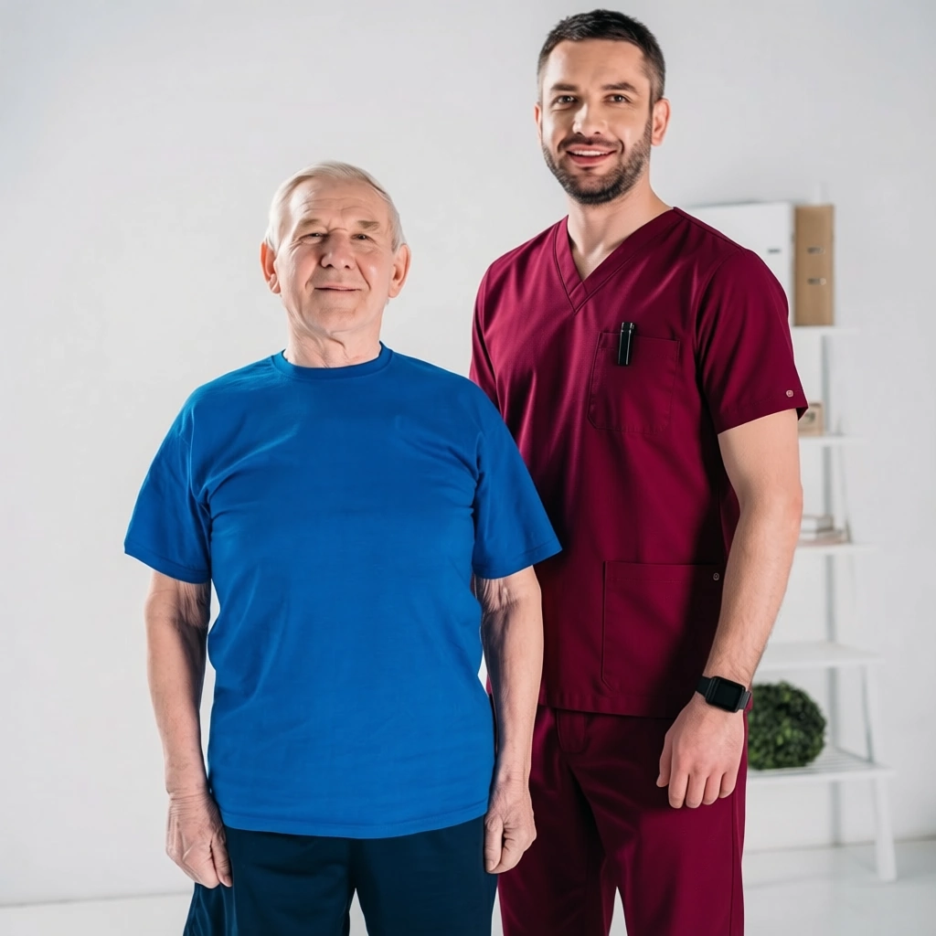 respite care Plano, TX elderly man and male caretaker side by side
