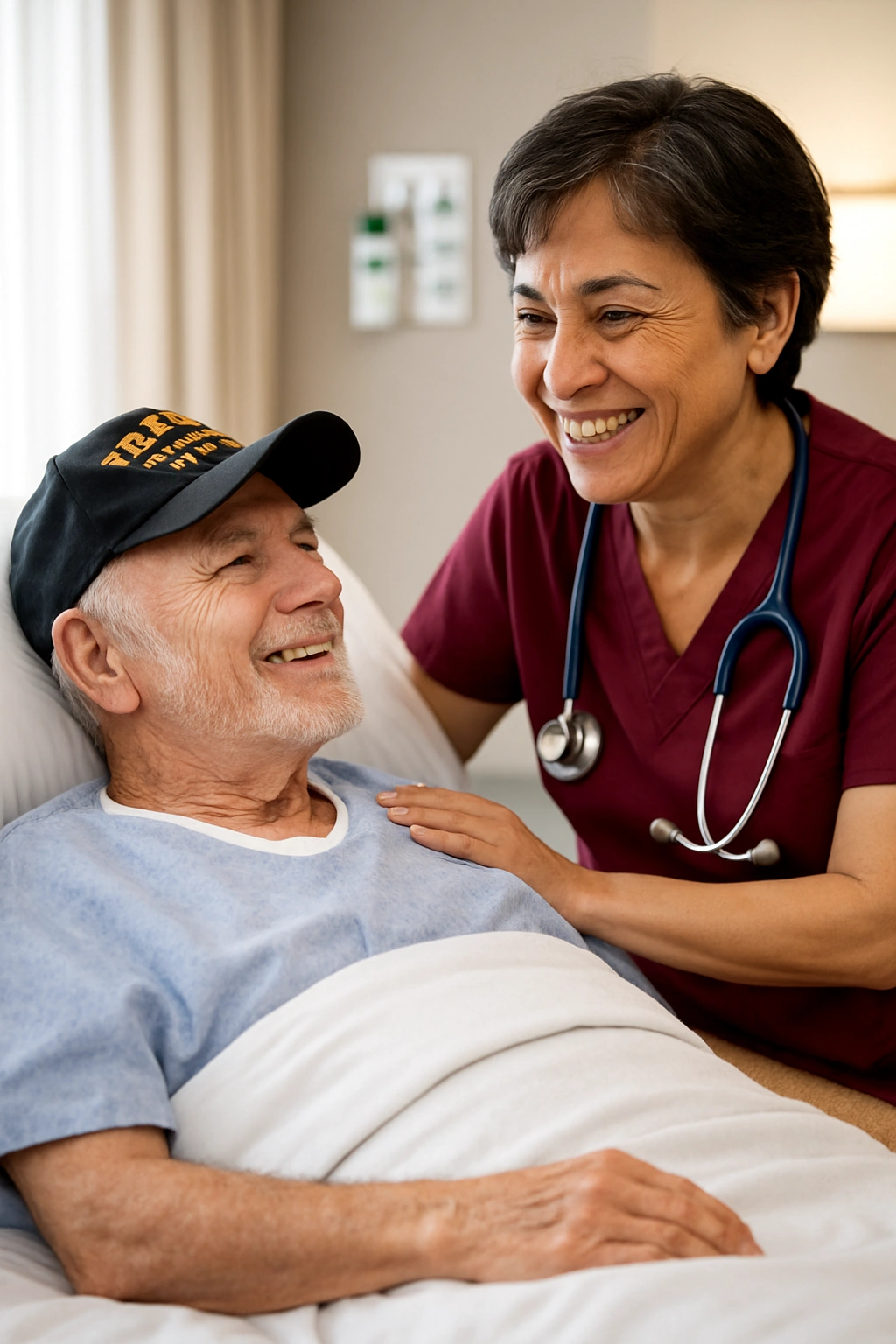 Veteran Home Care Plano TX caretaker bedside with elderly veteran