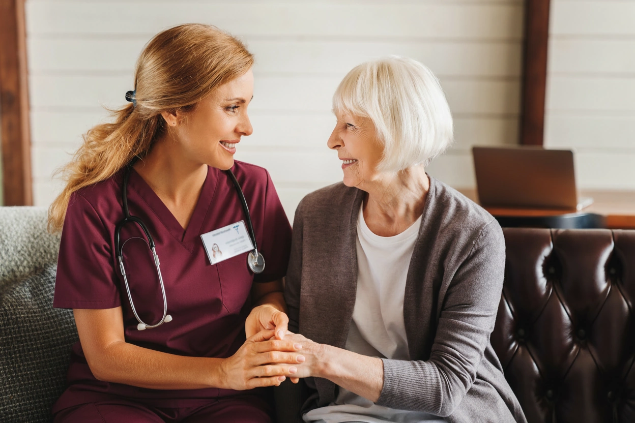aged care home care Plano TX caretaker with stethoscope sharing a laugh with elderly woman