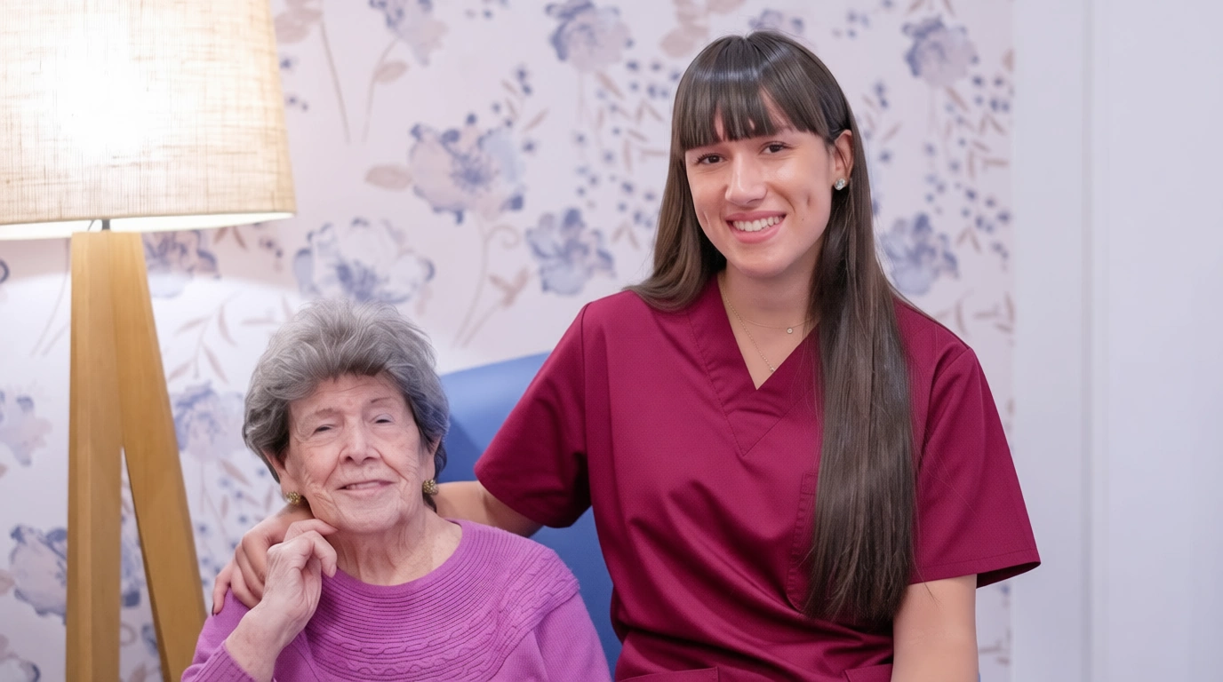 aged care home care Plano TX very aged woman with young caretaker sat in front of a lamp