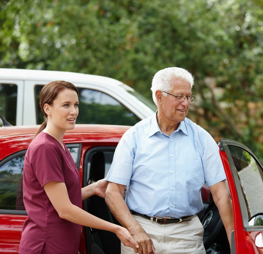 transportation services for seniors Plano TX caretaker helps elderly male out of red sedan
